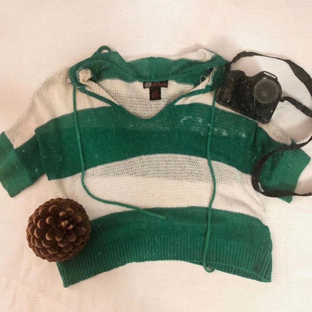 Green and white striped sweater with hood!